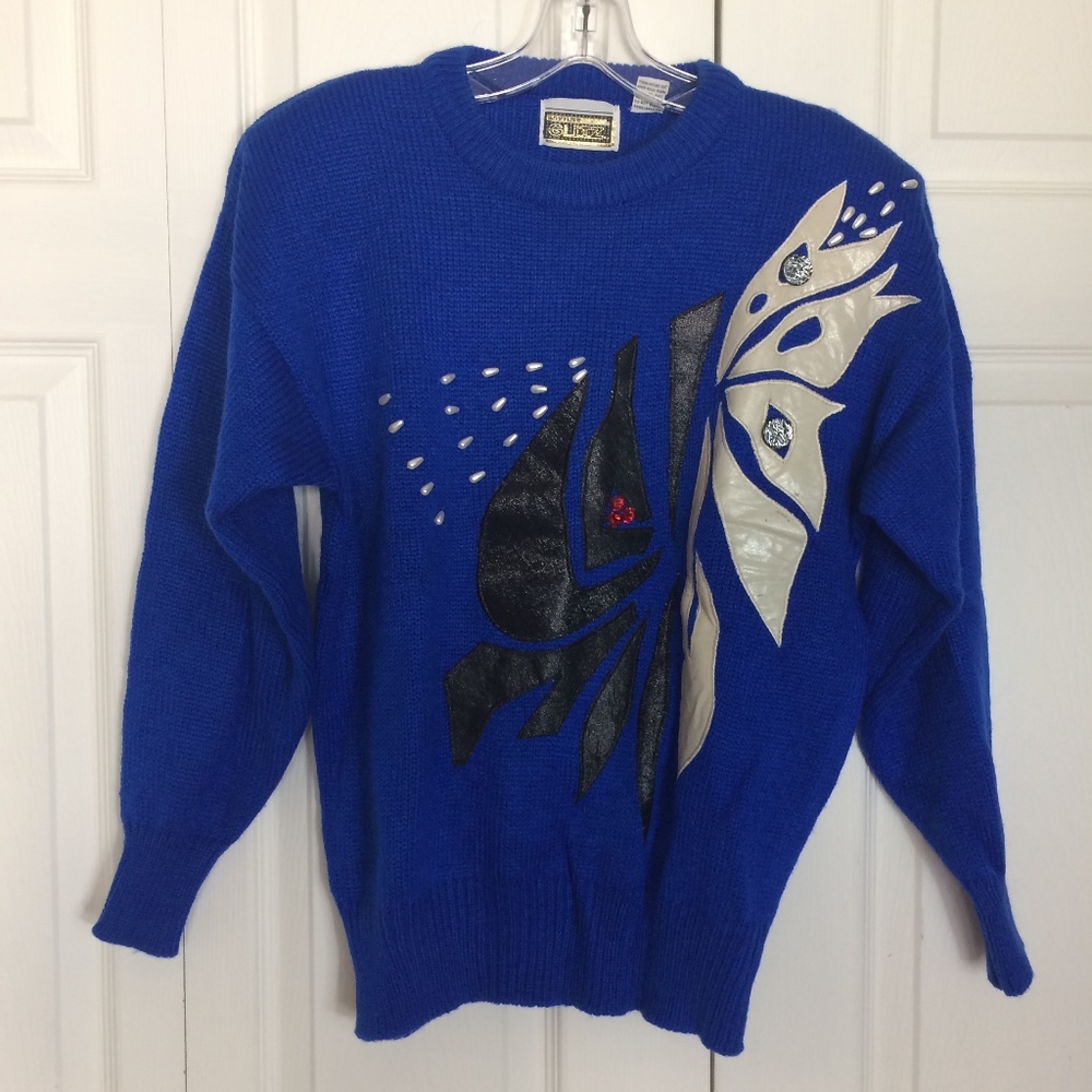 Vintage 80s sweater top  beads vegan leather
